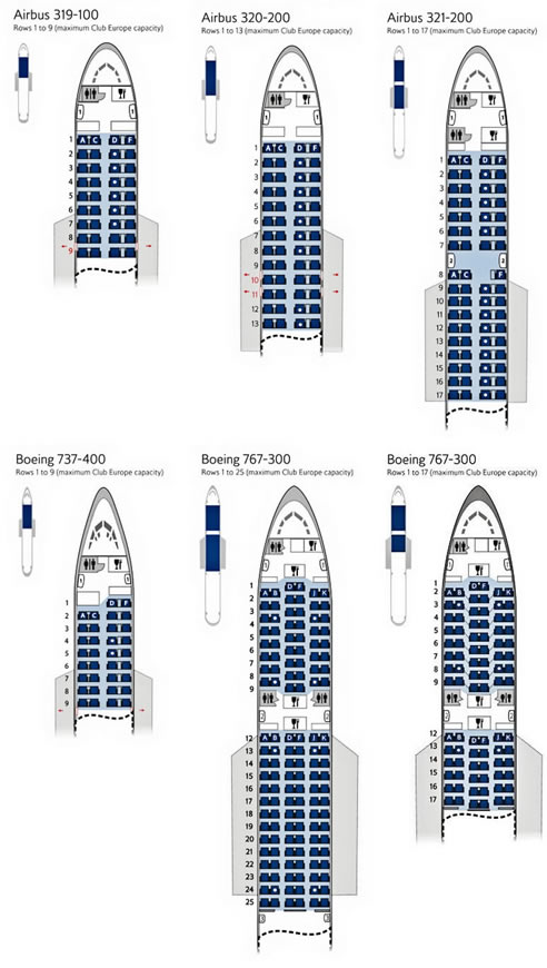 British Airways Club Europe Airline Seating Charts For Airbus A319 A320 A321 Boeing 737 767